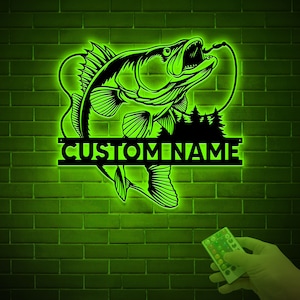 Custom Walleye Fishing Metal Sign with Led Light, Fishing Gifts for Men Father&#39;s Day Gift, Fisher Name Sign Cabin Decor, Walleye Fish Gift