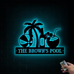 Personalized Palm Tree Metal Sign With LED Lights, Custom Pool Metal Wall Art For Poolside, Pool House, Beach House Decor, Housewarming Gift