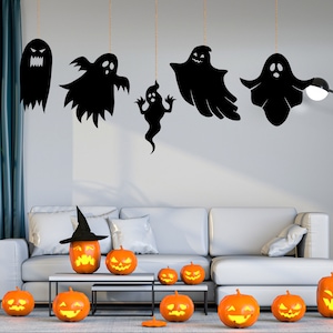 Set of 5 Hanging Ghost Metal Sign, Halloween Decor, Spooky Ornament