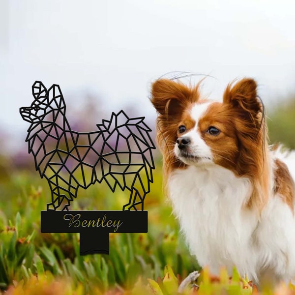 Geometric Dog Garden Sign, Pet Grave Marker Metal, Pet Home Decor, Papillon Dog Sign, Gift for Dog Lover, Idea for Outdoor Garden Decor