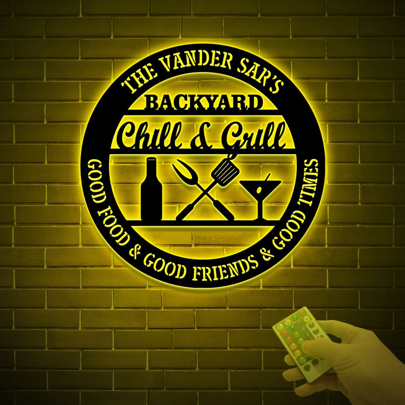 Personalized Bar & Grill Metal Sign With LED Light, Custom Backyard Chill And Grill, Backyard Patio Decor, Outdoor Bar Sign, Backyard Decor Bild 10