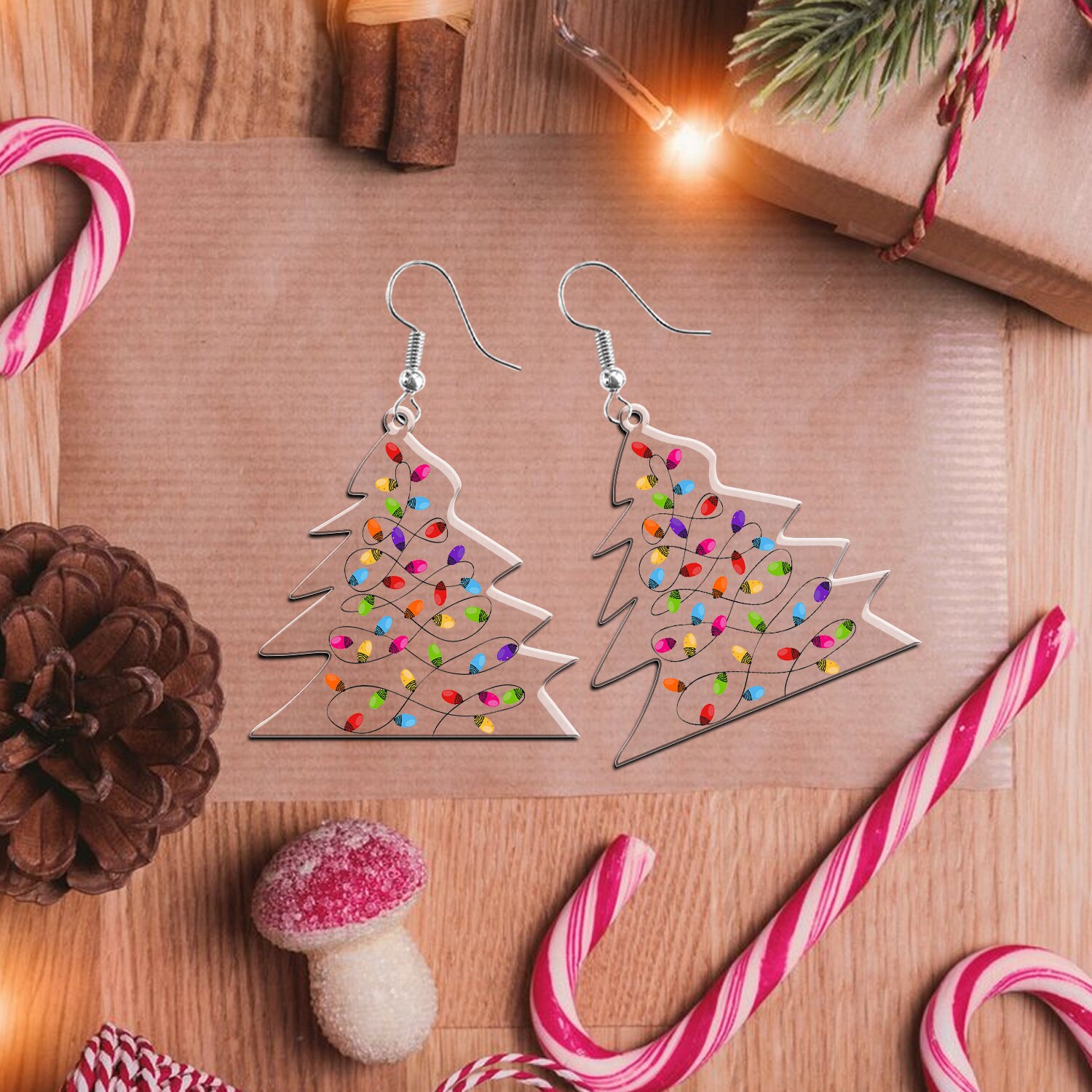 Christmas Earrings, Patterned Lighted Christmas Tree earrings, Xmas tree earrings, Christmas Gift, Gift For Her, Acrylic Earrings