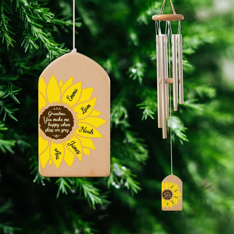 Personalized Sunflower Wind Chimes, You Make Me Happy, Kids Name Sign, Mother's Day Gift, Family Wind Chime, Gift for Grandma, Mom Gift image 7