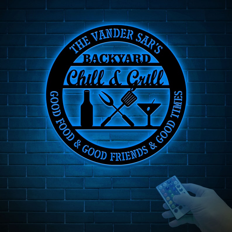 Personalized Bar & Grill Metal Sign With LED Light, Custom Backyard Chill And Grill, Backyard Patio Decor, Outdoor Bar Sign, Backyard Decor Bild 8