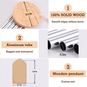 May include: A wooden wind chime with aluminum tubes and a wooden pendant. The chime is 3.1 inches in diameter and the tubes are 0.5 inches in diameter. The pendant is 3.8 inches tall and 2.2 inches wide. The chime is made of 100% solid wood with smooth edges.