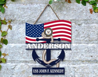 Personalized Navy Anchor Wood Sign, Anchor and Flag Door Hanger, Navy Graduation Gift, Navy Door Sign, Sailor Gift, Navy Bootcamp Sign