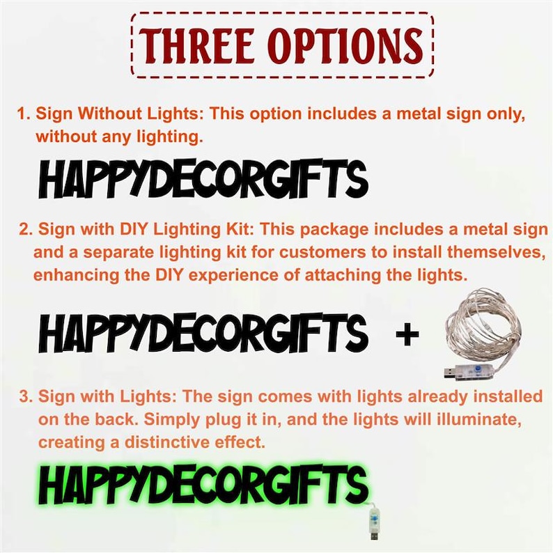 K&ouml;nnte beinhalten: Drei Optionen f&uuml;r ein Metallschild mit dem Text "HAPPYDECORGIFTS". Die erste Option ist ein Schild ohne Beleuchtung. Die zweite Option ist ein Schild mit einem DIY-Beleuchtungskit. Die dritte Option ist ein Schild mit bereits installierter Beleuchtung.