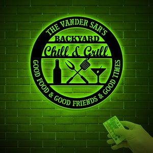 Personalized Bar & Grill Metal Sign With LED Light, Custom Backyard Chill And Grill, Backyard Patio Decor, Outdoor Bar Sign, Backyard Decor Bild 6