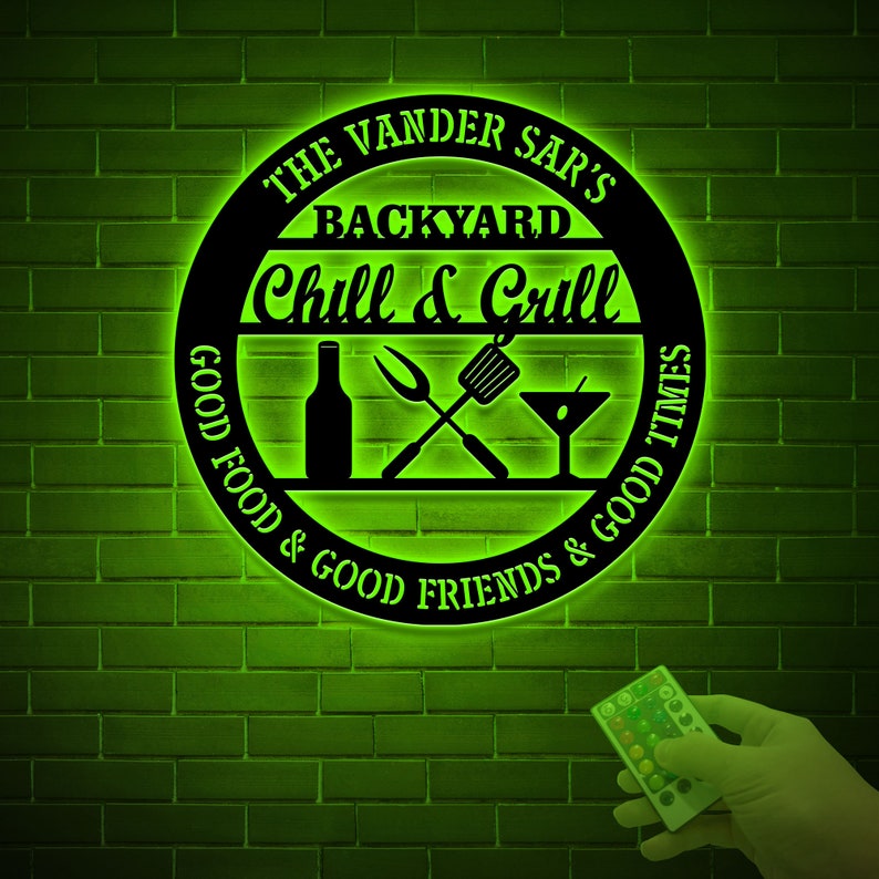 Personalized Bar & Grill Metal Sign With LED Light, Custom Backyard Chill And Grill, Backyard Patio Decor, Outdoor Bar Sign, Backyard Decor Bild 6