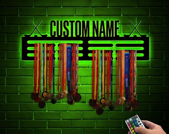 Personalized Name Medal Hanger with Led Lights, Medal Hanger for Awards and Ribbons, Tiered Award Rack, Sports Medal Hanger, Room Decor