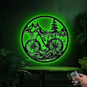 Metal Bicycle Wall Art with Led Lights, Mountain Biking Sign, Rider Bicycle Metal Wall Decor, Bicycle Lovers Gift, Living Room Wall Decor