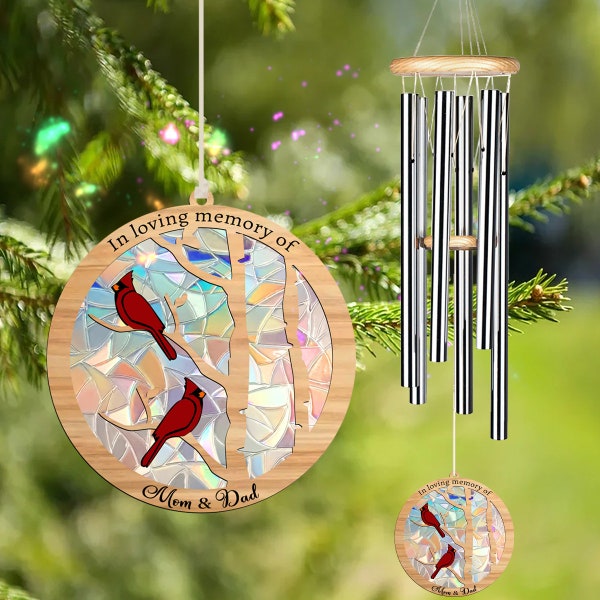 Personalized Stained Wind Chime, In Loving Memory Of, Cardinal Bird On Tree, Memorial Suncatcher, Couple Red Birds, Sympathy Wind Chime