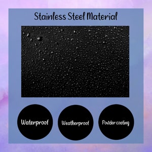 May include: Close-up of a black stainless steel surface with water droplets. The text "Stainless Steel Material" is at the top of the image. Below the image are three black circles with the text "Waterproof", "Weatherproof", and "Powder coating" in white.