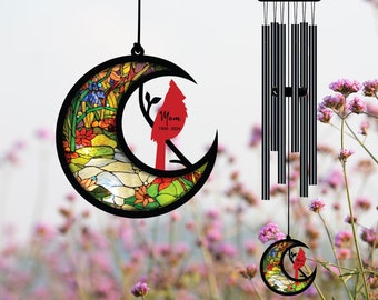 Personalized Stained Wind Chime, Cardinal Bird On Tree, Memorial Suncatcher, Red Bird Ornament, Black Wind Chime, Gift For Family