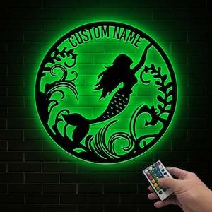 Personalized Mermaid Metal Wall Art with Led Light, Metal Mermaid Sign Mermaid Tail, Kids Room Beach House Decor, Mermaid Birthday Gifts