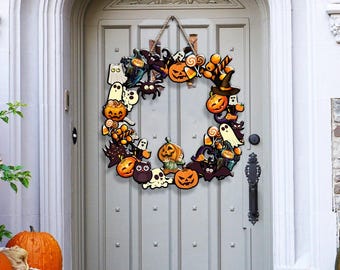 Halloween Bat Ghost Pumpkin Wreath, Halloween Door Hanger Wooden Sign, Haunted House Sign, Spooky Halloween, Halloween Gift, Halloween Decor