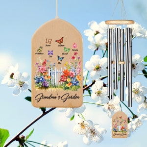 Personalized Butterfly Wind Chime, Custom Kids Name Sign, Family Wind Chime, Flower Wind Chime, Mother&#39;s Day Gift, Gift for Grandma