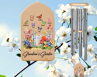 Personalized Butterfly Wind Chime, Custom Kids Name Sign, Family Wind Chime, Flower Wind Chime, Mother's Day Gift, Gift for Grandma