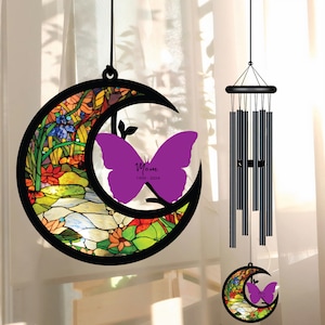 Personalized Stained Wind Chime, Butterfly Wind Chime, Memorial Suncatcher, Butterfly Ornament, Black Wind Chime, Gift For Family,