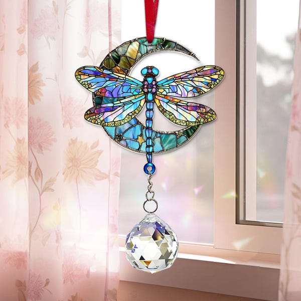 Atrapasueños acrílico de libélula con cristal, colgante de ventana con forma de luna de libélula, adorno de libélula, regalo de libélula, regalo para mamá, decoración de jardín