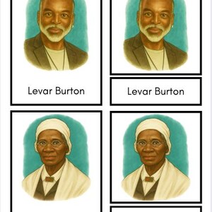 Puede incluir: Cuatro tarjetas ilustradas con retratos de LeVar Burton y Sojourner Truth. Cada retrato está sobre un fondo turquesa. Los nombres de las personas están impresos en texto negro debajo de sus respectivas imágenes. Los retratos están enmarcados en negro.