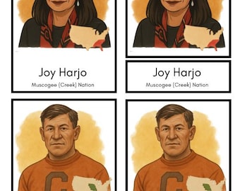 Può includere: Quattro ritratti incorniciati di personaggi notevoli. Due ritratti raffigurano Joy Harjo, con testo sottostante che la identifica come Muscogee (Creek) Nation. Gli altri due ritratti sono di Jim Thorpe, identificato come Sac e Fox Nation. Ogni ritratto include una mappa.