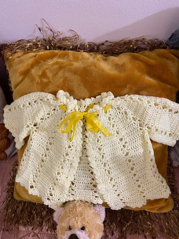 Hand Crocheted Yellow Baby Sweater,Ribbon Tie