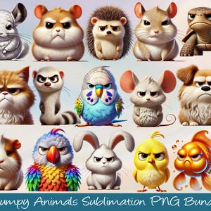 Puede incluir: Una colección de animales de dibujos animados con expresiones gruñonas. La imagen incluye una chinchilla, un hámster, un erizo, un ratón, una tortuga, un gato, un hurón, un periquito, un conejillo de indias, un loro, un conejo, un pollito y un pez dorado. El texto en la parte inferior dice "Grumpy Animals Sublimation PNG Bundle."