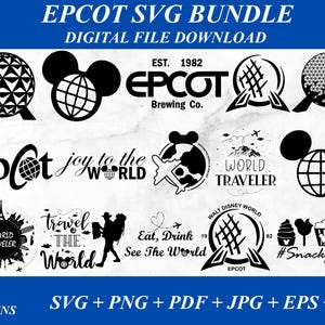 May include: A set of 15 black and white SVG designs featuring various logos and graphics related to Epcot, a theme park at Walt Disney World. The designs include the Epcot logo, the Epcot ball, Mickey Mouse ears, and various phrases related to travel and the world.
