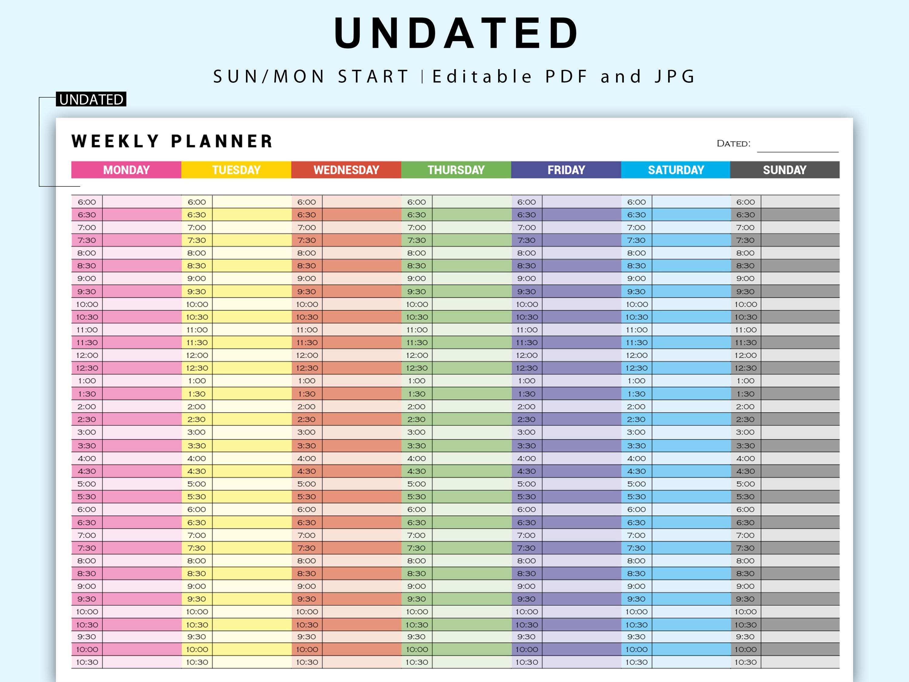 Weekly Hourly Planner EDITABLE Weekly Schedule, Daily Planner, Undated ...