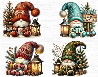 May include: Four Christmas gnomes with different colored hats and beards, holding mugs and gifts. Each gnome is surrounded by Christmas decorations, including trees, lanterns, and ornaments. The gnomes are sitting on a white background.