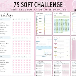 Op de afbeelding: Printbare 75 Soft Challenge-planner met 10 sjablonen. De planner bevat een wekelijks maaltijdplan, een workouttracker, een dagelijks overzicht, een leeslogboek en een 75-daagse uitdagingstracker. De planner is ontworpen in een roze en witte kleurstelling met een bloemige achtergrond.