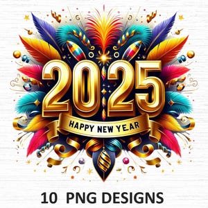 Décoration de bonne année 2025, Happy New Year 2025 Clipart, 10 PNG de haute qualité, Clipart fête, téléchargement numérique, usage Commercial