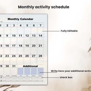 May include: A printable monthly calendar template with a light blue background. The calendar is divided into 31 days and includes a section for additional activities. The template is fully editable and includes check boxes for family, friends, community, area, city, province, and country.
