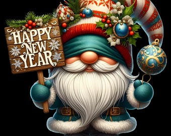 May include: A cheerful gnome illustration holding a sign saying "Happy New Year." The gnome is dressed in a teal coat, a red and white patterned hat, and has a long white beard. It also holds a blue and gold bauble, ideal for festive decorations.