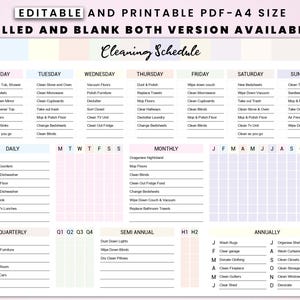 May include: A printable cleaning schedule with a pink and white color scheme. The schedule is divided into daily, weekly, monthly, quarterly, semi-annual, and annual tasks. The tasks are listed in a grid format with checkboxes for each day of the week or month.