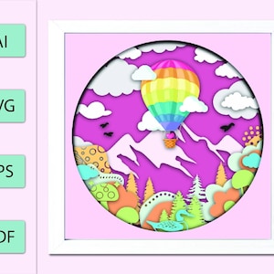 3d air balloon svg, Hot Air Balloon SVG Shadow Box template, 3D Balloon Colorful, shadow box svg, balloon svg design, layered svg 3D shadow