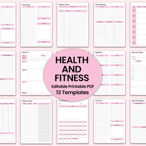 May include: A set of 13 printable PDF templates for health and fitness tracking. The templates are designed with a pink and white colour scheme and include trackers for sleep, weight, meals, exercise, and more.