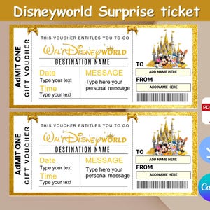Puede incluir: Una plantilla de boleto sorpresa de Disney World imprimible con un fondo de brillo dorado. El boleto tiene espacio para la fecha, la hora, un mensaje y los nombres del dador y el receptor. El boleto presenta una imagen de dibujos animados del castillo de Cenicienta y personajes de Disney.