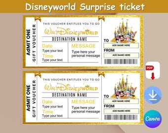 Printable  Golden Disneyland Surprise Ticket Template,Disneyworld Ticket,Gift Reveal, Birthday Gift, Editable Boarding Pass,Instant Download
