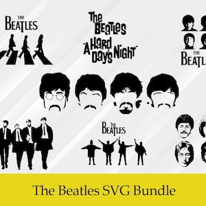 May include: Black and white silhouette images of The Beatles band members, including a silhouette of the band walking across a crosswalk, the band's name, and the album title "A Hard Day's Night".