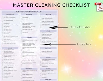 May include: A printable cleaning checklist with check boxes for different areas of the house, including the whole house, bathroom, bedroom, office, entryway, kitchen, laundry, living room, outside, and dining area. The checklist is fully editable and includes a PDF icon.