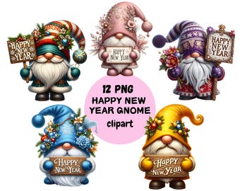 May include: Twelve digital illustrations of gnomes wearing different coloured hats and holding signs that say "Happy New Year".