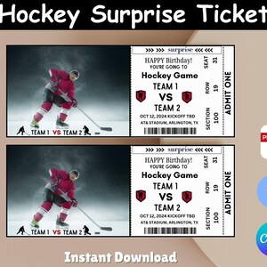 Peut inclure: Modèle de billet de match de hockey imprimable avec un joueur de hockey portant un chandail rouge. Le billet indique "Joyeux anniversaire ! Vous allez au match de hockey Équipe 1 contre Équipe 2 le 12 octobre 2024 Coup d’envoi à déterminer Stade AT& , Arlington, TX".