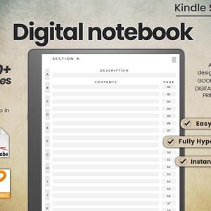 Könnte beinhalten: Digitales Notizbuch für Kindle Scribe Tablet. Das Bild zeigt ein digitales Notizbuch mit über 250 Seiten, das für Good Notes und digitale Planer entwickelt wurde. Merkmale sind einfache Bedienung, voll verlinkt und sofortiger Download.