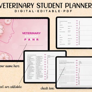 May include: A digital planner designed for veterinary students. The cover features a pink background with a stylised image of a woman's face and flowers. The text "VETERINARY STUDENT PLANNER" is displayed in black text. The text "DIGITAL EDITABLE PDF" is displayed in black text below the title.