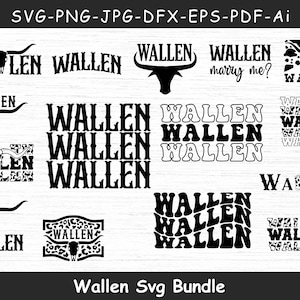 Peut inclure: Un lot de 12 fichiers de découpe SVG téléchargeables numériquement représentant le nom "Wallen" dans différents styles, notamment un chapeau de cowboy, un crâne de taureau et un cœur avec le texte "marry me?"