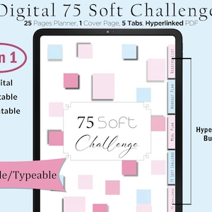 Peut inclure: Un planificateur numérique aux couleurs rose et bleu. Le planificateur est intitulé "75 Soft Challenge" et comporte des onglets pour "75 Challenge", "75 Soft Challenge", "Plan de repas", "Plan d'entraînement" et "Liste de lecture". Le planificateur est modifiable et imprimable. Il est également hyperlié, ce qui signifie que les onglets peuvent être cliqués pour naviguer vers différentes sections du planificateur.
