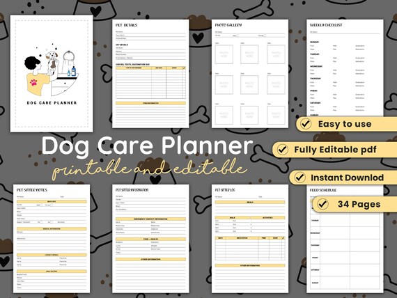 Dog care planner, pet care organizer, dog health tracker, pet schedule planner, daily dog routine, dog training log, puppy care journal PDF