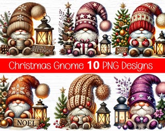May include: Ten digital illustrations of Christmas gnomes with various wintery accessories and festive sayings. The gnomes are wearing red, brown, and purple hats with white pom-poms. They are holding gifts, mugs, and lanterns. The gnomes are sitting in front of a white brick wall.